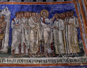 St. Paul laying his hands on newly baptized, Byzantine fresco in transept of Tokali Kilise (Buckle Church), Goreme (12th-13th century) by Byzantine