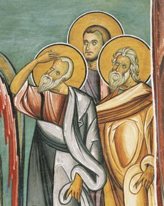 Three people in a church, Panagia too Araka, Byzantine, Troodos Mountains, Cyprus
