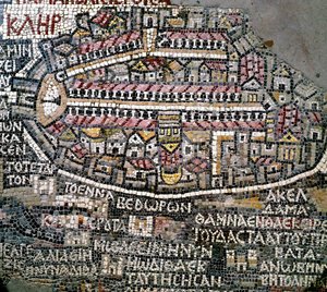 Byzantine art: oldest map of Palestine. Detail representing Jerusalem. Mosaic of the 6th century. Madaba, Church of St. George by Byzantine School