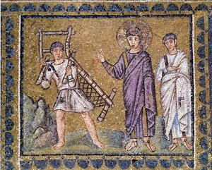 Guerison of the Paralytic, Church of St. Apollinar the Nine of Ravenna, mural mosaic, Italy, 6th century