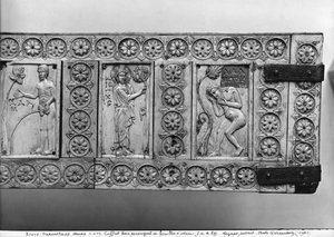 Plaques from a wooden chest depicting Jesus Christ between two scenes with Adam