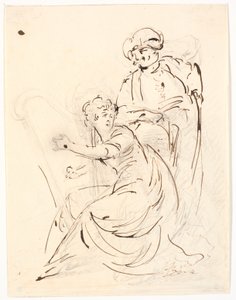 Lady playing the harp. Behind her a man in a turban by C.A. Lorentzen