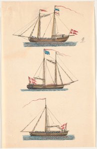 Three Warships with Danish Flags. Rowing