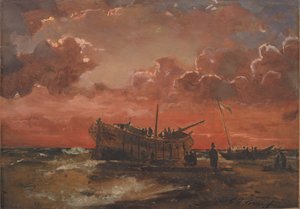 A Wreck on the West Coast of Jutland at Sunset by C.F. Sørensen