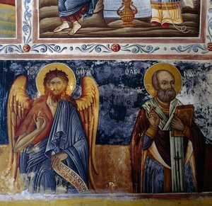 Archangel and saint, frescoed vault in Mikro Sotiris monastery, Symi island, Greece