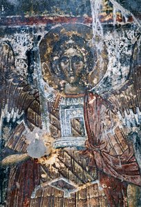 Horse, damaged fresco on ceiling of the church of Agios Vasileios, Vavouledo, Crete, Greece