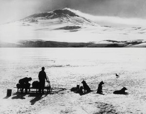 South Pole expedition by Robert Falcon Scott (1868-1912), explorers before Erebus volcano on Ross island, January 15