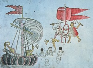 Spanish soldiers of Hernan Cortes wade ashore in 1519 to battle the Aztecs, copied from the Codex Azcatitlan, c.1550