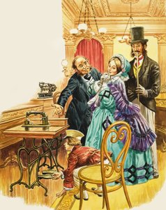 A Victorian lady admires the new treadle sewing-machine in a showroom, as her husband looks on by C.L. Doughty