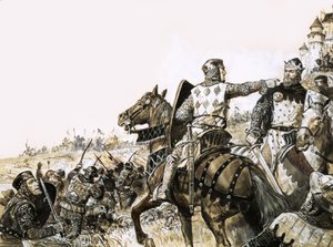 Unidentified battle scene with soldier pointing at King by C.L. Doughty