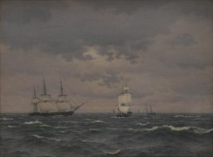 A Corvette Reefing Sails in a Freshening Wind and Some Other Ships by Christoffer Wilhelm Eckersberg