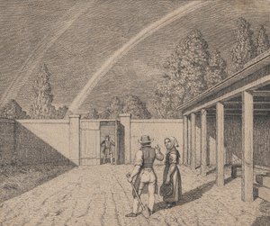 A couple conversing in a stable yard, with a double rainbow overhead, from Linear Perspective, 1841 by Christoffer Wilhelm Eckersberg