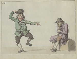 Satirical Sheet; A Man Jumps and Laughs While Pointing at a Seated Old Man