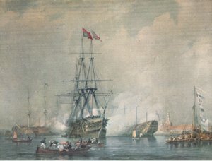 H M S Victory firing a Royal Salute at Portsmouth Harbour, from British Adventure published by Collins, 1947 by C. J. M. Whichello