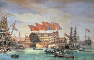 The Launching of HMS Trafalgar at Chatham, July 1820