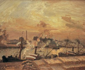 Unloading Wood, Quai de la Bourse, Sunset by Camille Jacob Pissarro