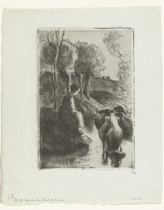 Shepherdess with Cows by the Water by Camille Jacob Pissarro