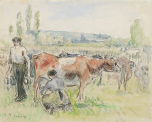 Compositional study of a milking scene at Eragny-sur-Epte by Camille Pissarro