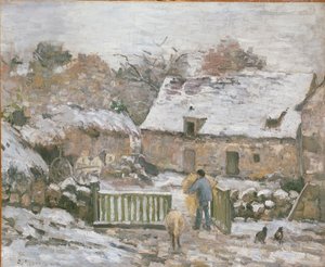 Farm at Montfoucault: Snow Effect by Camille Pissarro