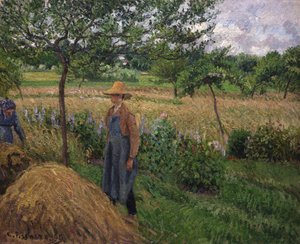 Gardener standing by a haystack, overcast sky, Eragny, 1899 by Camille Pissarro