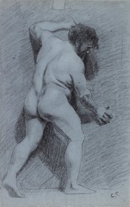 Study of a male nude posed against a wall seen in profile facing right, 1856-1860 by Camille Pissarro
