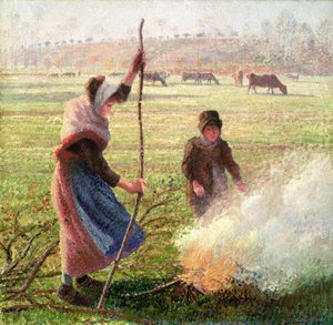 White Frost, woman breaking wood by Camille Jacob Pissarro