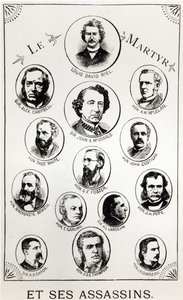 Louis Riel (1844-85) and his assassins, illustration from Le Gibet de Regina, published 1886