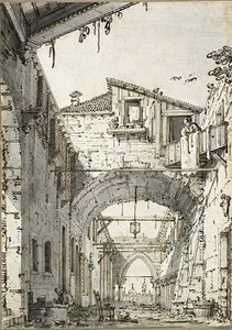Capriccio: A Street Crossed by Arches (recto) Sketches of Doorway, Staircase and Second Floor of Building (verso) by Canaletto