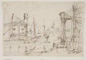 Capriccio with Classical Ruins on a Quay, a Boathouse, Two Galleys, Two Masts of a Sailing Ship Behind Them, a Domed Church in the Background