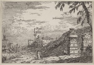 Landscape with Tower and Two Ruined Pillars by Canaletto