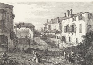 The Locks at Dolo, an Oval-Shaped Basin with Boats at Center, Buildings on Either Side