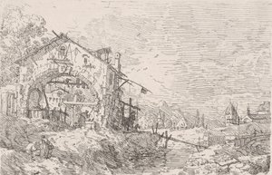 Woman Drawing Water from a Well Beneath an Arcade at Left, with a Landscape at Right by Canaletto