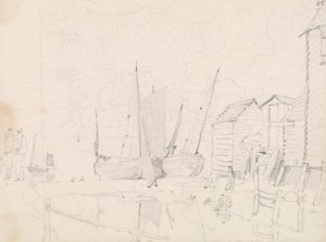 Sketch of Beached Sailboats and Stilt Cottages, Hastings by Capt. Thomas Hastings