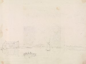 Sketch of Boats and a Large Building, from Across the Medina River