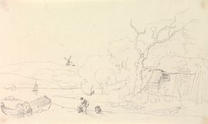 Sketch of a Cottage by the River with a Windmill in the Distance by Capt. Thomas Hastings