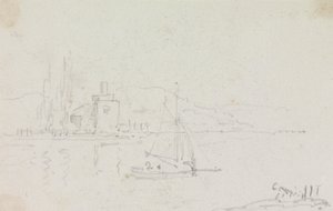 Sketch of a Sailing Boat and a Building on the Shore by Capt. Thomas Hastings