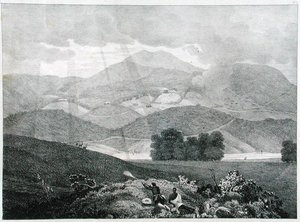 View of Part of the Lake and Cottages at Ottacamund, Neelgherry Mountains, plate 3 from View of the Neilgherries, or Blue Mountains of Coimbetoor, Southern India by Captain McCurdy, published 1830 by Captain E. A. after McCurdy