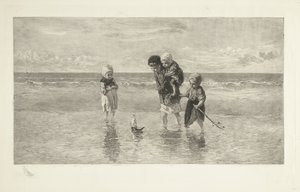 Four Children Playing with a Toy Boat on the Beach in Shallow Seawater (Children of the Sea) by Carel Lodewijk Dake