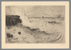 Wild Sea with a Sailing Ship by a Pier