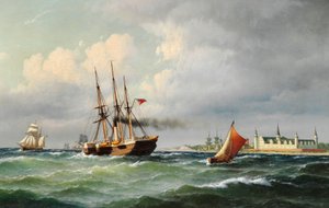 Seascape off Kronborg with Numerous Ships and a Pilot Boat by Carl Bille