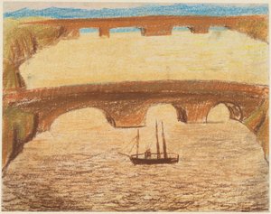 Long Stone Bridges over River with a Ship