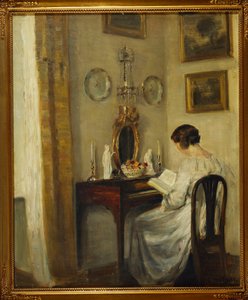 An Interior with a Girl Reading at a Desk