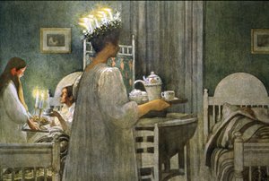 Young girl with candles crown on the hair during Saint Lucy day, Illustration 1916