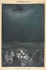 In the trenches. German soldiers, an airplane flying above them in the night sky by Carl Olof Petersen