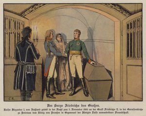 Tsar Alexander I of Russia visiting the tomb of Frederick the Great at Potsdam with King Frederick William III and Queen Louise of Prussia and swearing his unswerving friendship, 5 November 1805