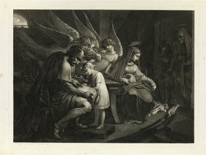 The Holy Family Busy at Home: Joseph Teaches the Boy Jesus to Read. Mary Feeds the Pigeons. Elizabeth Enters the Room with John by Carl Russ