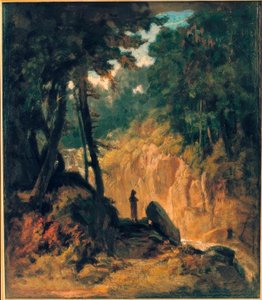 Wooded Landscape with Waterfall, on the Shore with Capuchin