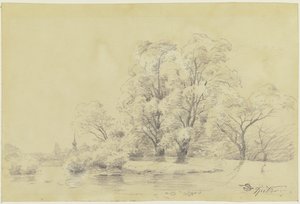 Landscape with Trees by the Water, in the Distance the Tower of a Village Church by Carl Spitzweg