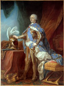 Portrait in foot of Louis XV, in armor, hand placed on a helm. Painting by Carle Van Loo by Carle van Loo
