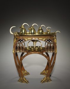Tray with Cream Pitcher, Covered Sugar Bowl, Tea Pot, Hot Water Pot and Salver, and Table